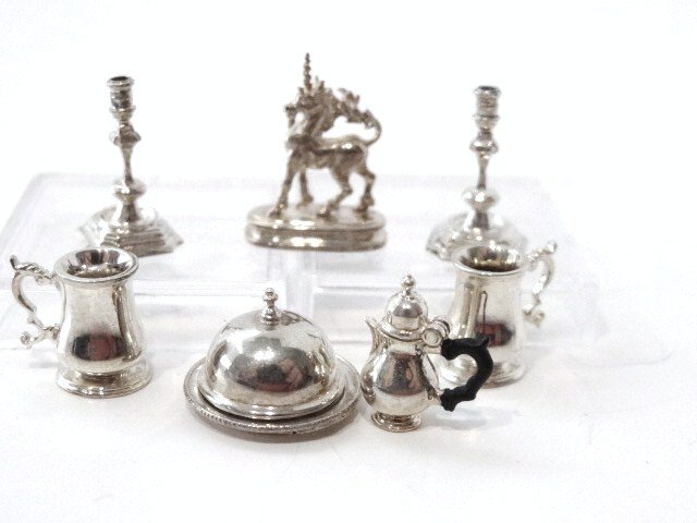 Peter Acquisto Miniature Sterling: Pair of Williamsburg Candlesticks circa 1723-1724, original by David Green # 153, 2 mugs circa 1752-1753, original by John White, London #176, covered platter 1/2 in. scale circa 1718-1719, original b