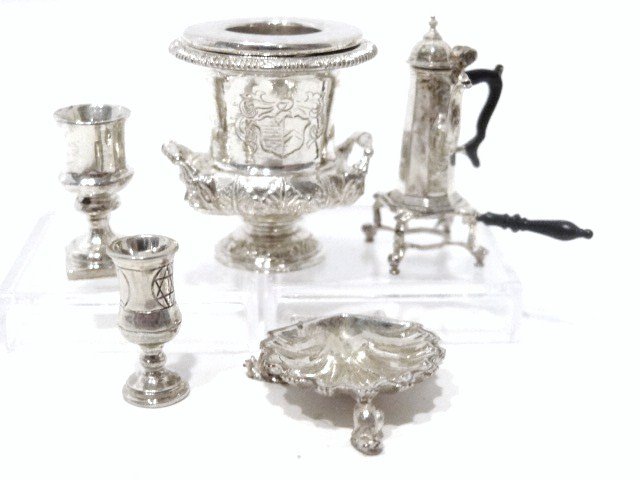Peter Acquisto Miniature Sterling: Wine cooler circa 1822, George W Campana shaped wine cooler, original by Matthew Boulton #133, coffee pot w/stand & spirit lamp #137, church cup circa 1815, original by William Moulton #144, Kiddush c