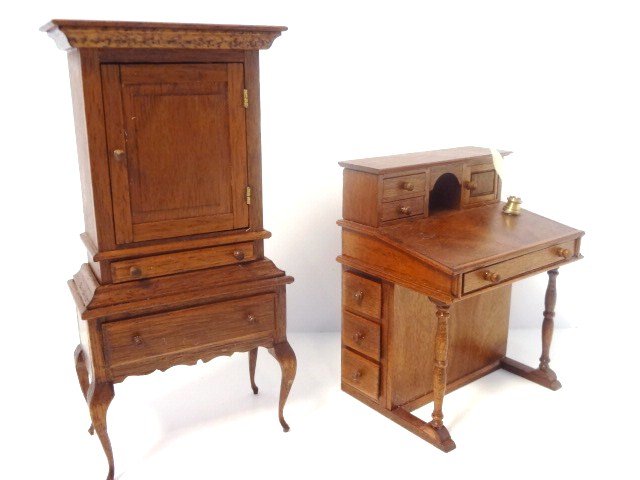 Jeanne Chapman Davenport and Cabinet: Classic walnut and mahogany davenport or captain's desk 3.5" H, 3" W and an unusual cabinet on stand by the same maker 5.25" H on extremely fine cabriole legs.