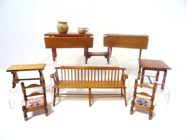 Small Ideas Child's Furniture: A darling country table and two chairs by Small Ideas, the chairs featuring petitpoint seats, and a large assortment of country furniture including a small bench also from Small Ideas, an oak deacon's
