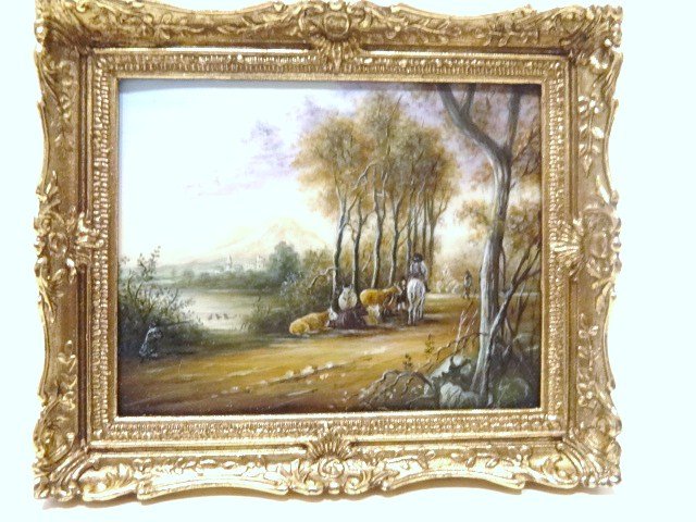 Christopher Whitford Genre Painting: An autumnal landscape with distant mountains and farm animals in the foreground, handsomely framed an signed by the artist in 2002. 2.75" H, 3.25" W.