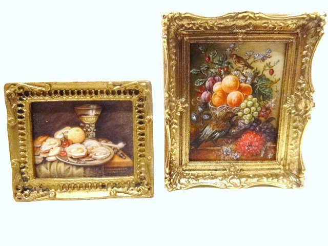 Christopher Whitford Paintings: Two rather luscious small still life oils in heavy frames by Christopher Whitford, the larger 2" X 2.25", varnish slightly uneven but inconsequentially so.