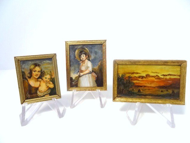 Amanda Skinner Paintings: Three small paintings by Amanda Skinner including a Gainsborough girl 1.5" X 1.25", a landscape and Mother and Child.