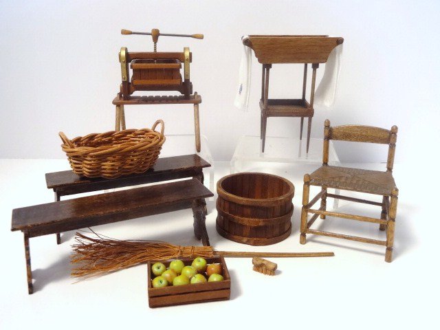 Oldham Studio Cider Press: Something you don't see every day: a miniature cider press with crate of apples by Oldham Studio 3" H, 2.25" W - looks like it might actually work! Also a washstand by Taller Targioni with embroidered