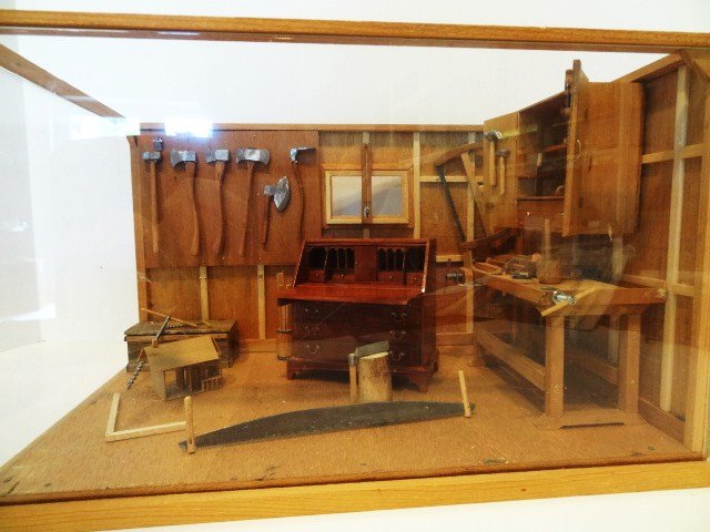 Woodworker's Woodshop: A highly detailed roombox display of a garage workshop/tool shed with perfectly scaled workbench, many tools and a drop-leaf Winthrop desk in progress, everything by the same maker, John E. Looney. Tw