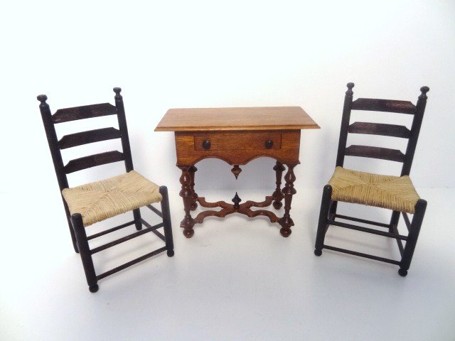 Warren Dick Lowboy and Chairs: Classic Warren Dick William and Mary walnut dressing table or lowboy 2.75" H, 3.25" W and a pair of black painted ladder-back chairs by the same artist 3.5" H (paint slightly faded). Nice vintage arti