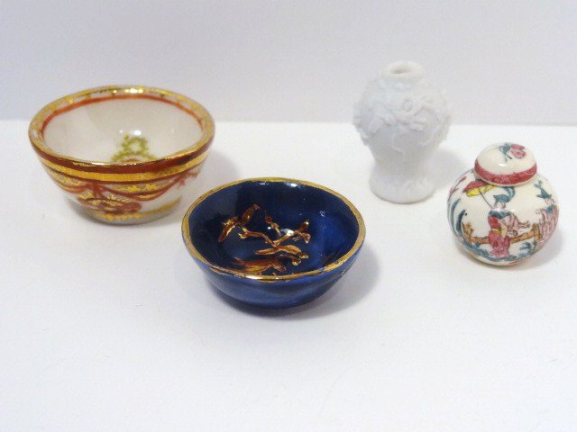 Elisabett Andrews Ginger Jar, Vase and Bowls: Pretty decorated ginger jar with lid 5/8" H, an elaborately molded Parian vase 7/8" H and two decorated punchbowls 1.25" diameter