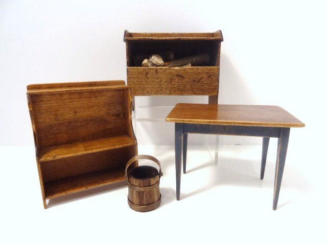 Barbara Davis Table and Benches: A small painted work table 2.25" H, 3" L, 2" W (some wax residue), a bucket bench with a firkin and a woodbox with work surface. Great country furniture from an IGMA Fellow.