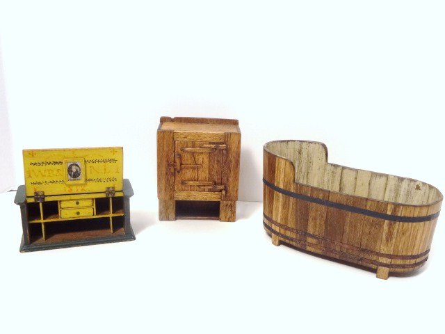 Barbara Davis Bathtub and Cabinets: A barrel-staved bathtub 1.75" H, 3.25" L, a wall cabinet with beautifully rendered wooden hinges, and a stunning little painted portable desk No. 2 of 15.