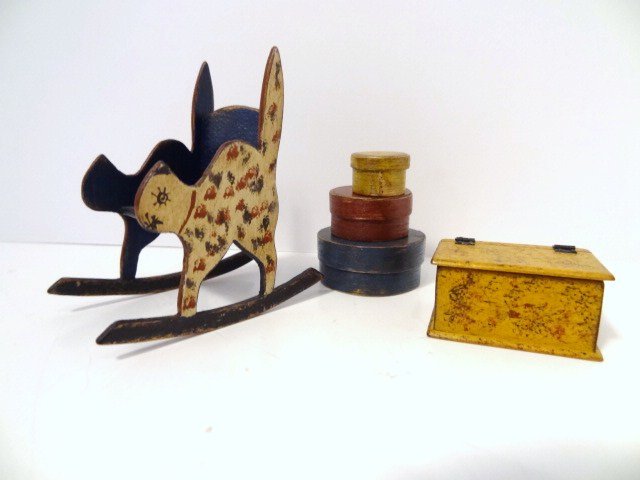Barbara Davis Cat Rocker and Pantry Boxes: Precious hand-painted cat rocker 2.25" H (one rocker reglued), a set of three graduated pantry boxes and a small hinged box.