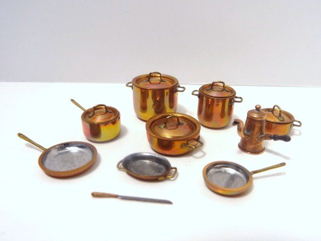 Jason Getzan Half-scale Copper: An assortment of half-scale copper kitchen accessories comprising pots and pans, etc. 9 items total.