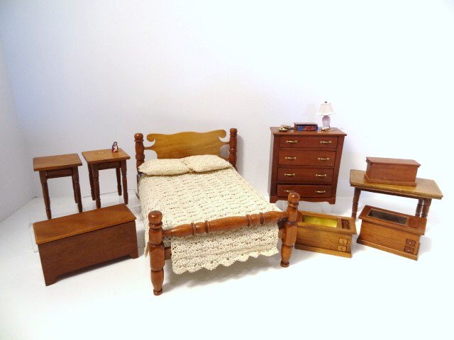 Guy Earle Bedroom Suite: Vintage cannonball bed with a beautiful crocheted spread by Jeanne Bell 4.25" H, 7" L, 5.5" W and assorted furnishings by Guy Earle from the early 1980's including chest, two nightstands, a blanket ch