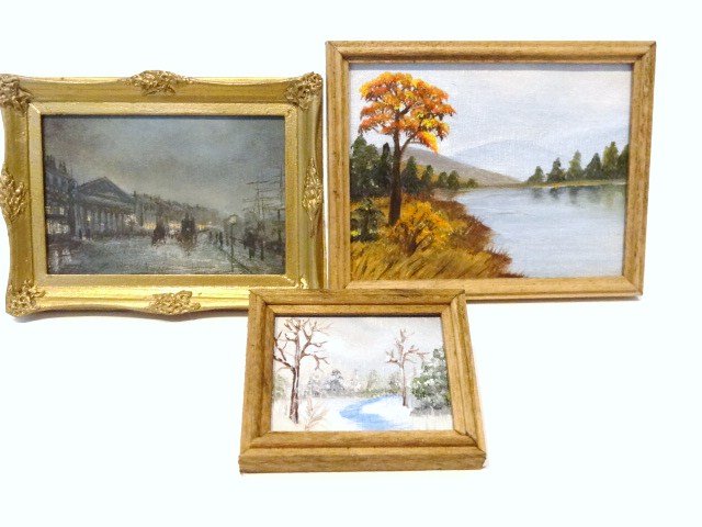 M.J. Taylor City Scene: Atmospheric view of Liverpool by M.J. Taylor painted on canvas attached to a splinted stretcher just like a real painting, in a frame by John Hodgson 2.25" X 3" and two unsigned landscapes from Reflec