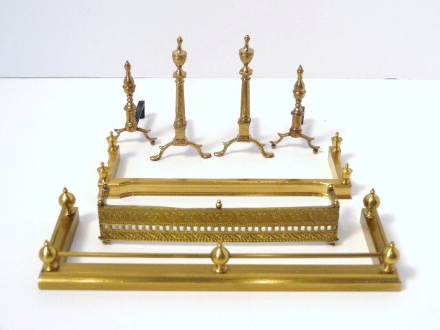 Emily Good Andirons: Exceptionally handsome, two sets of fireplace andirons by the late Emily Good, tallest 2.5" H, and three unmarked fireplace fenders.