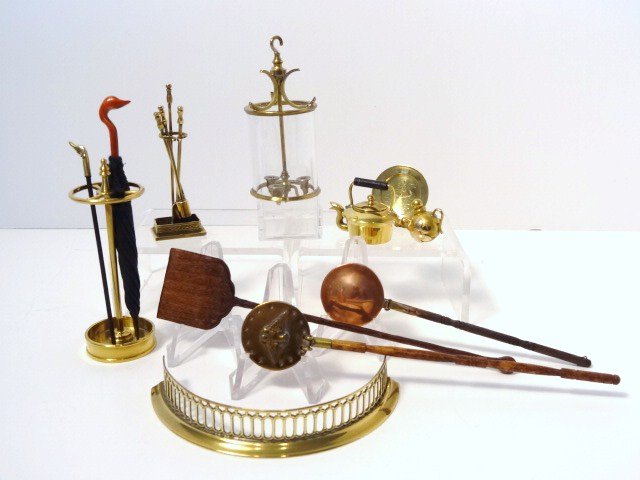 Chet Spacher Brass Accessories: Umbrella stands, fender, tea kettle, lantern - nice things mostly from Chet Spacher, and some copper bed warmers approx. 5" L, and a peel.