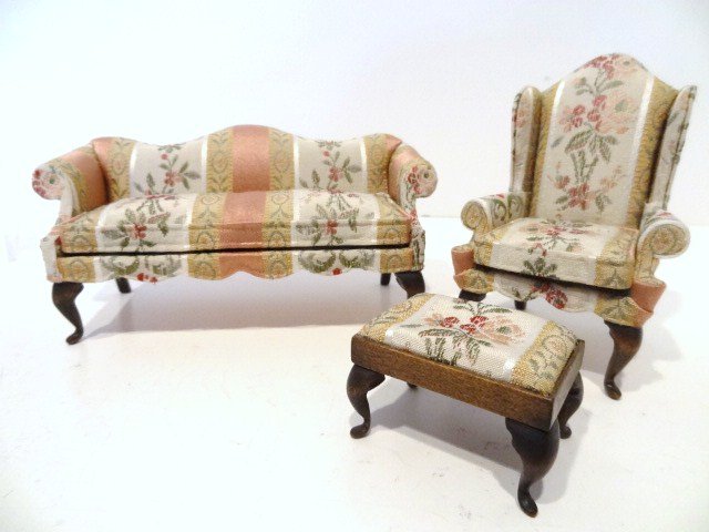 Nellie Belt Upholstered Furniture: Pretty brocade upholstered settee 3.25" H, 6" L with matching wingchair and footstool.