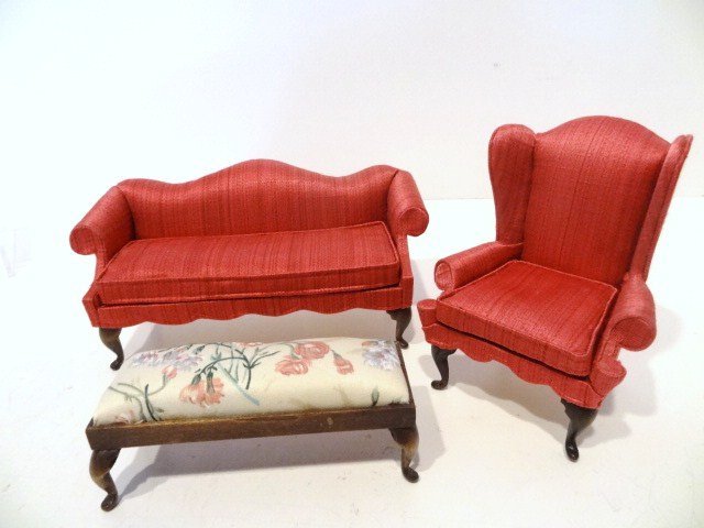 Nellie Belt Silk Upholstered Seating: Lovely sofa and matching wing chair upholstered in raspberry silk and featuring a distinctive scalloped apron. Settee 3.25" H, 6.26" L. Plus an upholstered bench by the same artisan.
