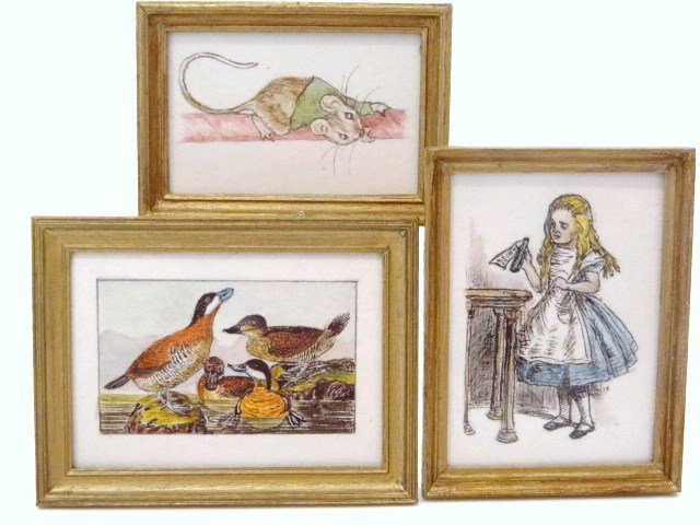 Marjorie Adams Watercolors: Framed Alice in Wonderland 1.75" X 1.5", Beatrix Potter Mouse and Audubon Ruddy Duck, all inscribed with #1 on back.