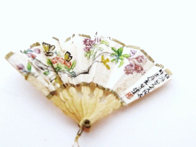 Marjorie Adams Oriental Folding Fan: Delicate and exquisitely hand-painted folding paper screen 3/4" H. Magnification required to appreciate the detail!