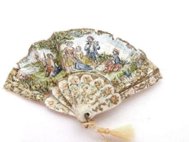 Marjorie Adams French Folding Fan: Incredible detail, beautifully handpainted with gilt accents, 3/4" H.