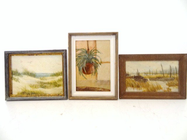 E.V. Richter Original Oils: Three original compositions signed E.V. Richter. Sand dunes painting 1.75" H, 2.25" W.