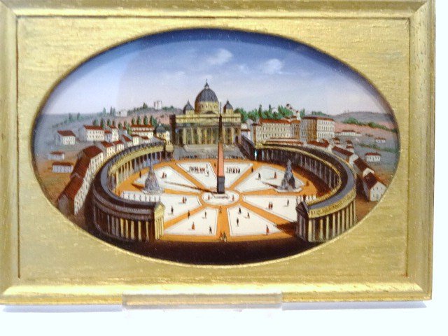 Antique Reverse Glass Painting: In a modern frame, a Victorian souvenir reverse glass painting of St. Peter's in Rome 3" X 4.25", highlighted with flecks of abalone shell.