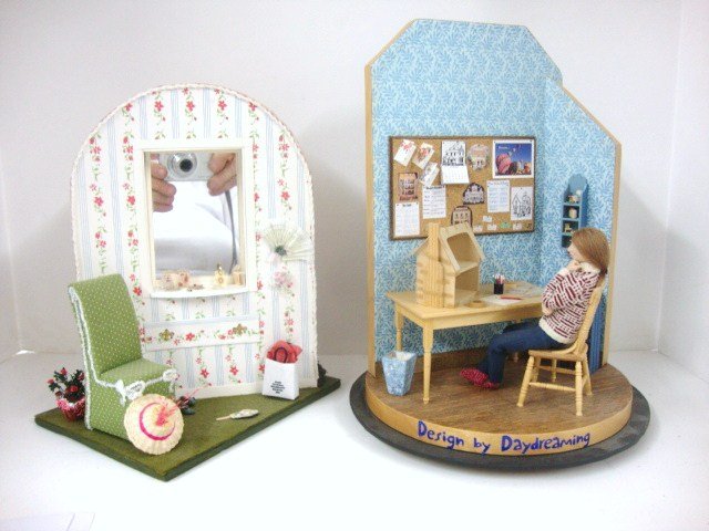 Two N.A.M.E. Vignettes: "Design By Daydreaming" and "Vanity Room", centerpieces from N.A.M.E. conventions held in 1999 and 2003, with bonus tools and supplies featured on the back of Daydreaming. Nicely detailed, 11" and 9" 