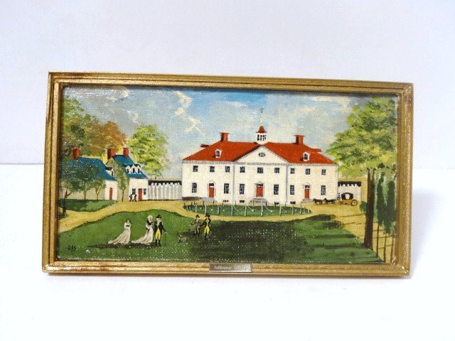 George Schlosser Folk Painting: "View of Mount Vernon" c. 1790, original exhibited at the National Gallery, Washington D.C. 4.25" x 2.25" with original envelope, signed by George Schlosser 1982.