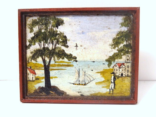 George Schlosser Seaside Painting: George Schlosser rendering of "View of Winter Island", Salem, MA ca. 1785 2.25" x 3", signed 1980 with original envelope.