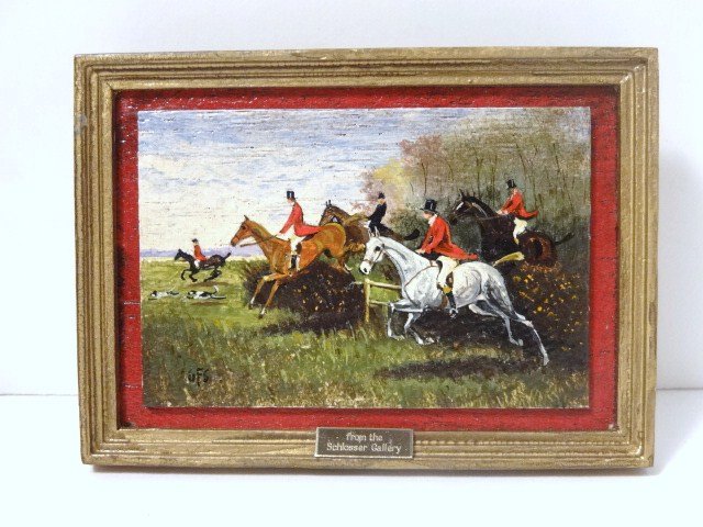 George Schlosser Equestrian Painting: George Schlosser: "The Hunt" with tiny brass plaque "from the Schlosser Gallery" 3.5" x 2.5" with original envelope and signed 1980.