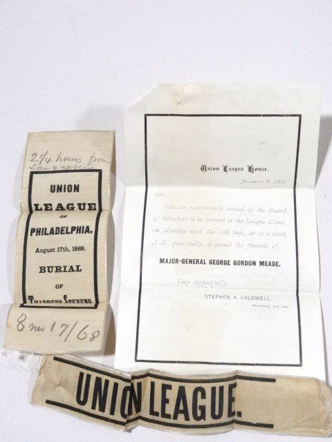 Civil War General George Meade /Thaddeus Stevens Burial: Lot includes Union League invitation 8 x 5 in. to General Meade funeral w/ribbon 8 x 1 1/4 in w/envelope & Thaddeus Stevens burial ribbon from Union League 6 x 2 1/4 in.