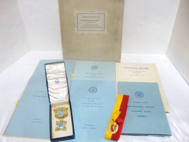 14K Colonial Dames of America Pin: Bailey, Banks, & Biddle pin marked 14K w/enamel measures about 1 1/4 x 1 1/2 in., included original ribbon, New Jersey pin bar & box, inscribed on reverse TO ELLEN THERESE DORRANCE GROVES #1243, 1935.