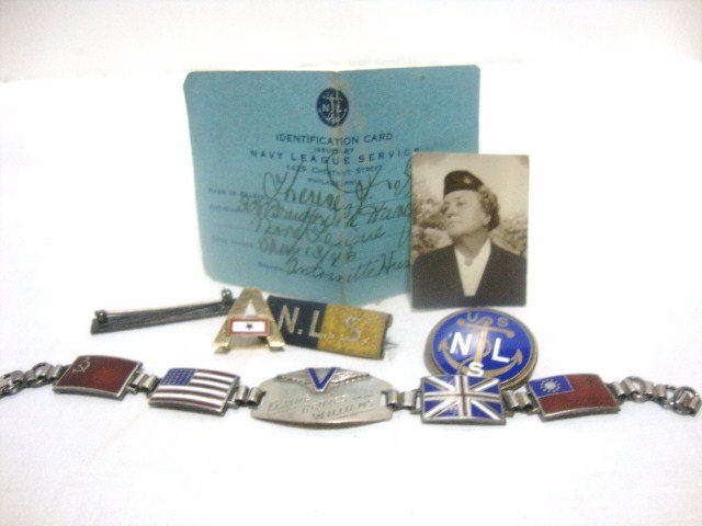 WWII Gold and Silver Pins: Lot includes Victory pin w/star marked 14K 2.1 grams gold & enamel, bracelet w/flying Victory & allied flags, marked sterling, sterling & enamel 19.2 grams, Navy League service pin, sterling & enamel,