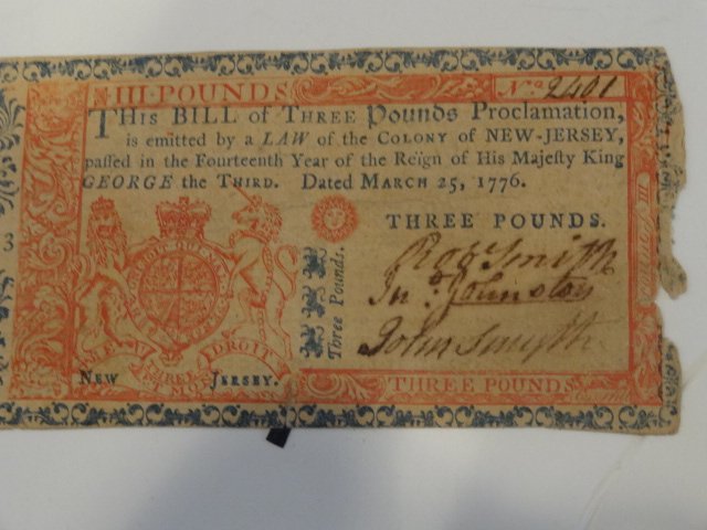 Continental Three Pounds New Jersey Note: New Jersey, dated March 25th, 1776 3 pound note, printed by Isaac Collins Burlington 1776, 3 pound "Tis Death to Counterfeit, John Smyth signature
