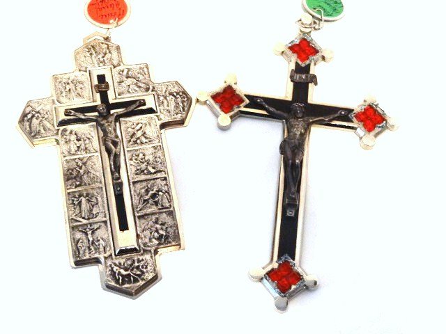 Two Large Crosses Pope Pius XII: Largest measures 8 1/2 x 5 1/8 in. w/red glass, 2 large crosses blessed by Pius XII, one w/stations of cross, one w/inset red stones