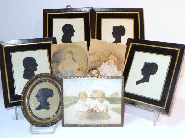 Silhouettes and Colored Photos: Three Silhouettes, 2 John & Jan Craig copied from original in 1929, Sarah Hawthone 1821, colored photos, Marg & Ellen Dorrance 6 x 5 3/4 in. largest, 6 pcs.