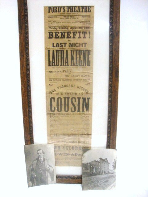Ford's Theatre Items, Small Broadside & Handbill,: Ford's Theatre small broadside from April 14, 1865 in oak frame together w/2 photos that are vintage copies of J. Wilkes Booth & Fords Theatre, 3 pcs. 18 x 5 interior, 10 x 21 in. exterior .Early Buck