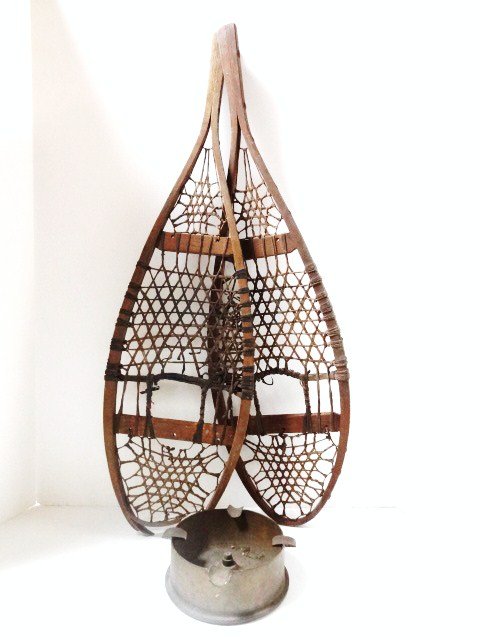 Antique Snow Shoes and Trench Art: Antique wood & leather snow shoes, along w/Trench art ashtray made from artillery shell, very heavy, 7 in. (w)