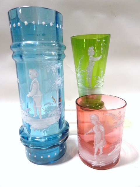 Mary Gregory Glass: Three pieces Mary Gregory glass, cranberry glass, aqua vase, 7 3/4 in. (t), each piece has children on front, all from Washington Dollhouse Museum