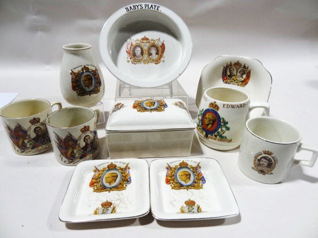King Edward VIII China Coronation Lot: Ten pieces of China commemorating the coronation of Edward VIII, 4 cups including one for Princess Elizabeth, a baby plate, cigarette box, 2 trays & a dish