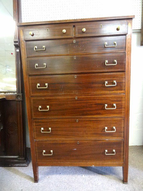 Hepplewhite Style Mahogany Tall Chest Circa 1930: Two small top drawers over 6 graduated inlaid long drawers, the front stiles inlaid w/paterea & bell flowers terminating on spade feet, original heavy quality hardware
