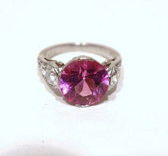 J. E. C. & Co. Pink Sapphire Platinum Diamond Ring: Vintage Platinum Pink Sapphire & Diamond filigree ring inscribed on inside band J.E.C. & Co., ( Caldwell )intense natural Pink Sapphire approx. (9.2mm) round (3.43ct), accented with six old cut diamon