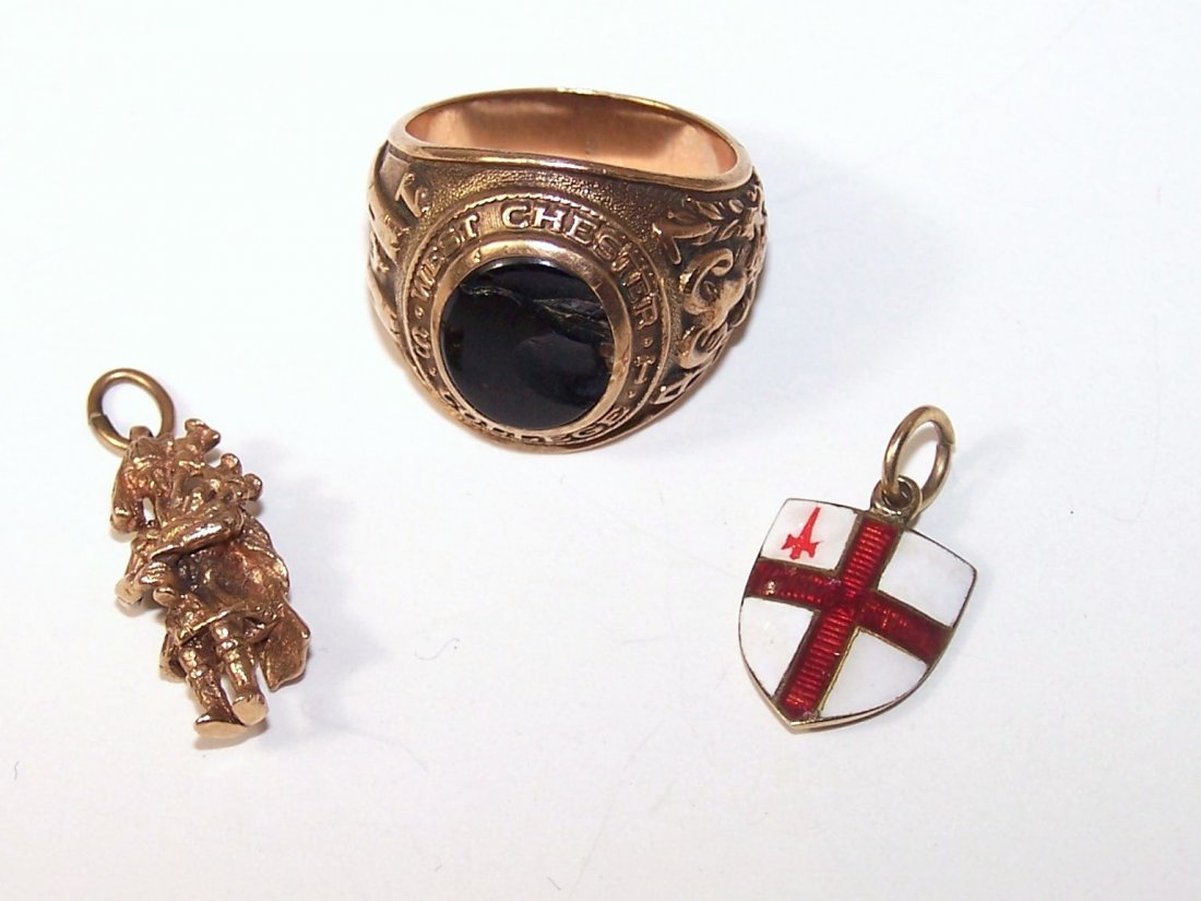 10k School Ring and Charms: Balfour 10K West Chester School Ring marked 375. Scottish Man with bag pipes charm and enameled shield marked 375 C&F. 18 grams in all
