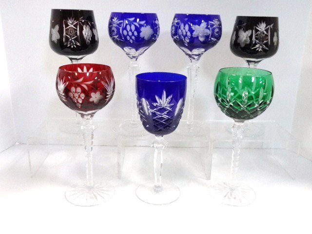 Multi-colored Cut to clear Wine Hocks: Seven multi-colored Cut to clear Wine Hocks , all styles, etched & cut w/various stems, 8 1/2 in. tallest