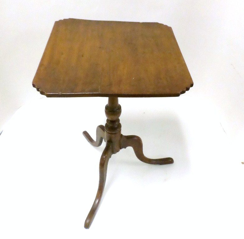 19th Century Walnut Candle Stand: Square top w/nicely scalloped corners, nicely turned column resting on pad feet, top 17 x 18 x 26 in. (h)