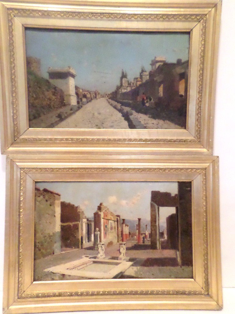 Pair of Guesppi Laezza Oil Paintings: Pair of Guesppi Laezza oil paintings, both signed lower left, in original gold gilded frames, Italian Architectural Renderings 7 3/4" x 12 1/2" 7 1/2" x 12 1/2"