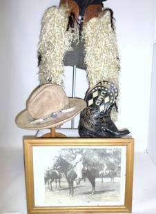 Western Cowgirl Outfit: Western cowgirl's outfit w/custom made John B. Stetson Co. 3X beaver hat sporting a woven horsehair band, pair of circa 1915 custom made western boots w/inlaid initials CEG, great pair of angora WOOLY