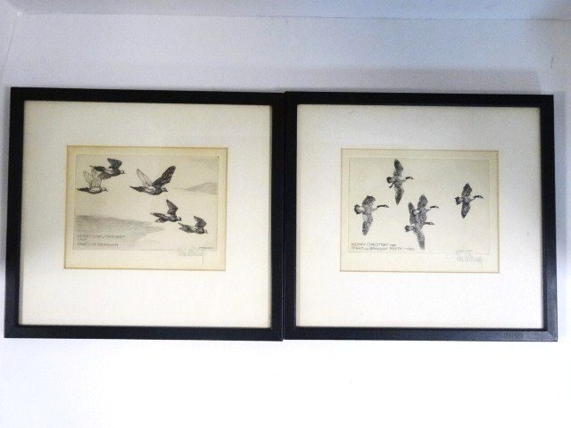 Richard Bishop Waterfowl Paintings: Pair of Richard Bishop waterfowl paintings, signed Merry Christmas 1964, 1965, 10 1/4 x 11 1/4 in. (w)