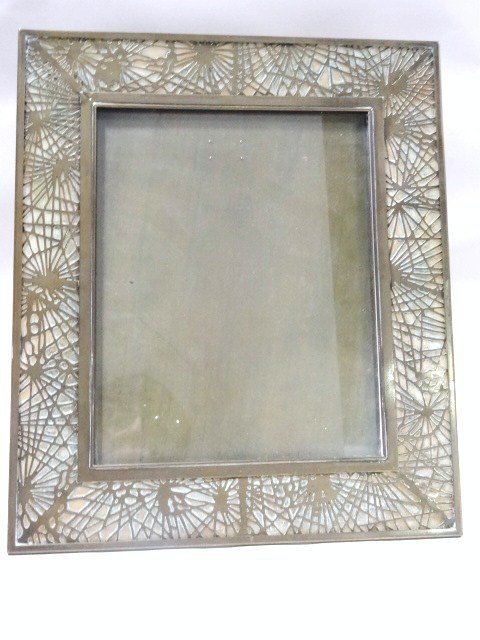 Tiffany Studios Pine Needle Picture Frame: Splendid Tiffany Studios bronze pine needle picture frame w/opalescent amber slag glass backing the border 14 in. (h) x 12 in. (w)