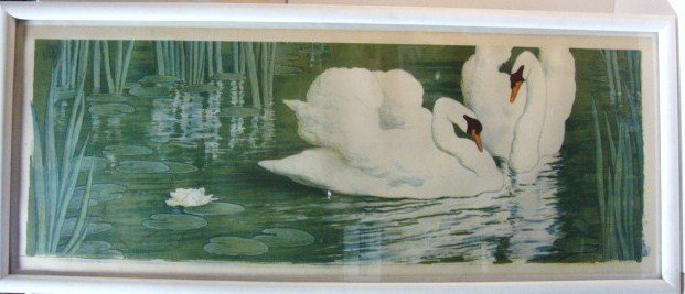 Alfred Muller Color Litho: Alfred Muller (1869-1940), color lithograph SWANS, 22 3/4 x 60 1/4 in., signed Muller in the lower left